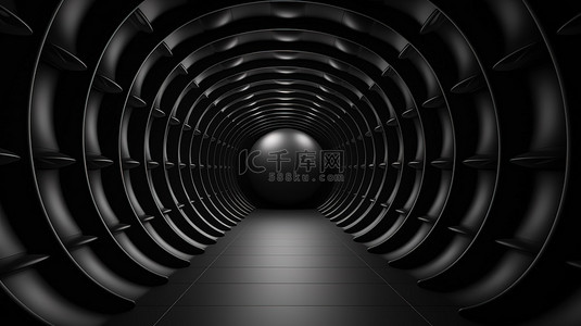 具有光滑黑色球体圆 3d 渲染的当代隧道墙