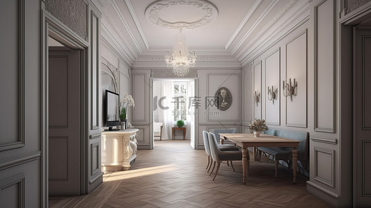 古典风格的客厅走廊和厨房以 3D 渲染