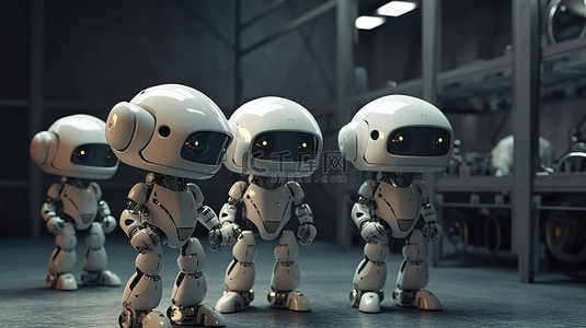 工业卡通背景图片_3D 工厂渲染中的工业技术可爱机器人