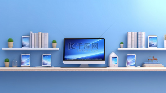 数字设备栖息在蓝色墙架笔记本电脑手机和平板电脑上3D 插图