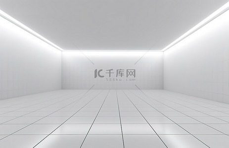 带白色瓷砖和灯光的空房间的 3D 渲染