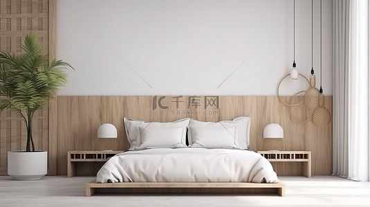 热带极简主义 3D 渲染卧室场景，配有弧形床头板和内置木床