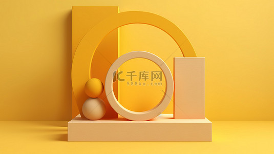 黄色背景上具有抽象几何形状的木制讲台的简约 3D 渲染，用于产品展示