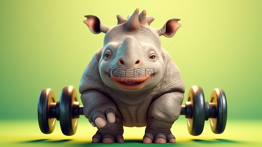 顽皮的犀牛旨在用哑铃健身 3D 插图