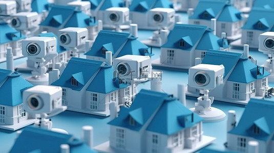 房屋安全背景图片_环绕房屋的家庭监控摄像头的 3D 插图，带有复制空间