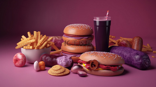 紫色背景展示各种快餐的 3D 插图，包括汉堡热狗披萨和咖啡