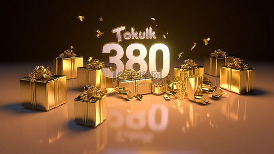 300kpi背景图片_3D 渲染金色背景社交媒体横幅，用于庆祝 300 000 名粉丝，并提供感谢信息和聚光灯效果