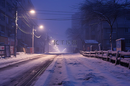 白色的路灯背景图片_在一座雪城里，一条白色的街道夜间铺有积雪