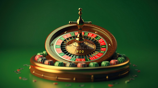 剧本杀体验卡背景图片_逼真的 3D 赌场体验绿色背景，配有轮盘赌轮和老虎机