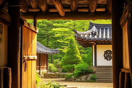 一座韩国建筑，有一扇通向绿色植物的门