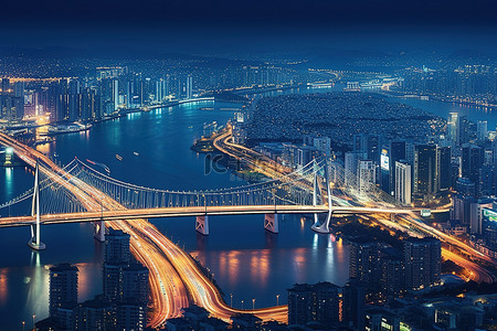 夜晚桥梁和城市的全景