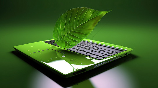 笔记本电脑和叶子的生态友好计算 3D 插图