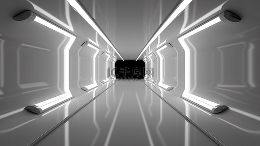 明亮科技背景图片_明亮的白色隧道中发光的霓虹灯箭头标志的 3D 插图