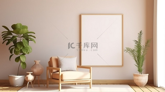带有空海报框的客厅家具和花卉植物的 3D 渲染