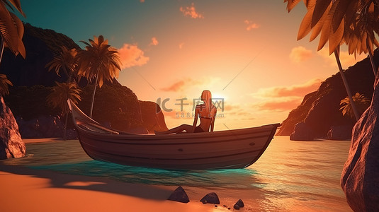 日落宁静，一个 3d 女人在热带风景中的船上放松
