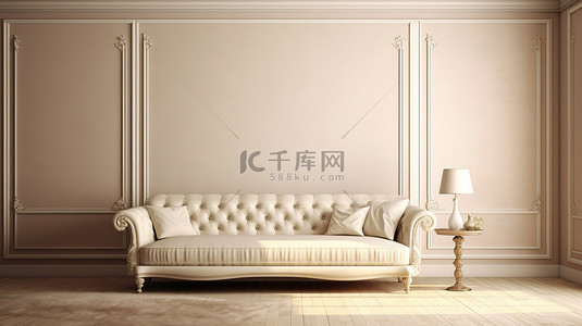 永恒的优雅白色经典沙发位于宽敞的房间内，配有简约的米色墙 3D 渲染
