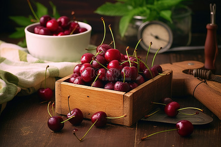 樱桃新鲜背景图片_乡村木桌上的樱桃食品摄影