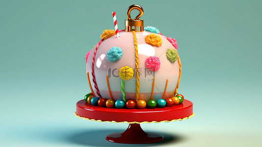 贺卡圣诞节背景图片_节日圣诞蛋糕上的彩色气球和红色花朵 3D 插图