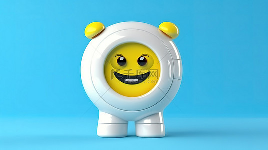黄色背景具有现代洗衣机吉祥物的 3D 渲染和蓝色健身追踪器