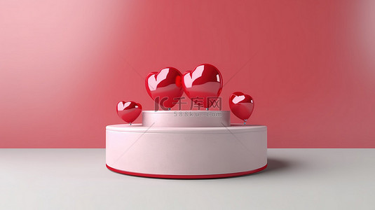 情人节贺卡，配有 3d 讲台，装饰有红心和 3d 渲染的装饰