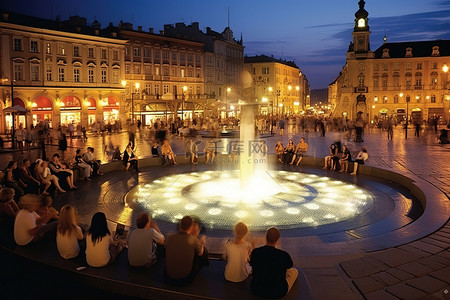 热门城市背景图片_华沙市中心广场是夜间的热门聚集地