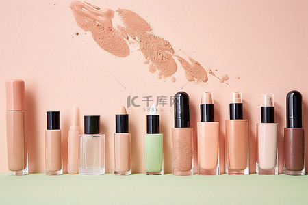 浅绿色表面上排列着多个品牌的液体化妆品