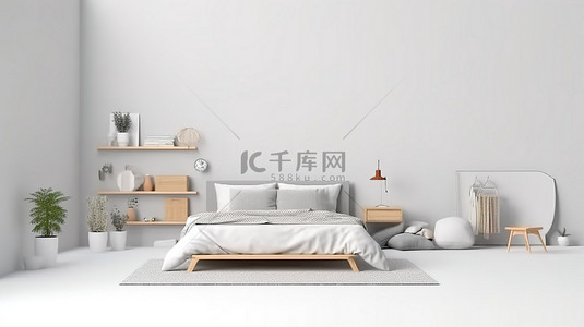家具填充等距卧室的 3D 渲染，白色墙壁