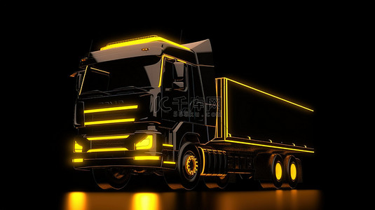 黑色卡车的时尚 3D 渲染，深色背景下带有大胆的黄色框架