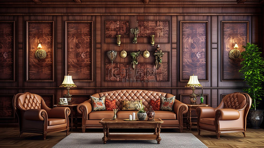 舒适的经典休息室 3D 渲染舒适的沙发和扶手椅，配有电视区和雕刻木墙