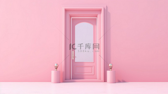 无限背景下最小柔和粉红色门的当代 3D 插图