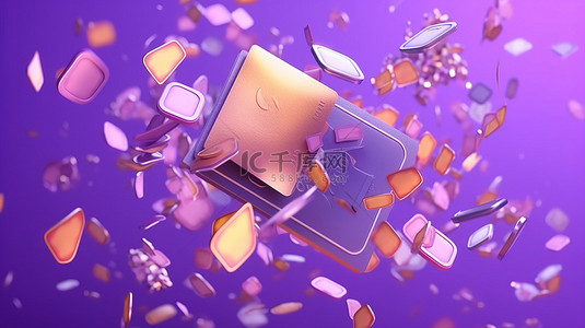 信用卡分期背景图片_在充满活力的紫色背景上漂浮着财富信用卡纸币和硬币，在无现金世界中省钱的 3D 渲染插图
