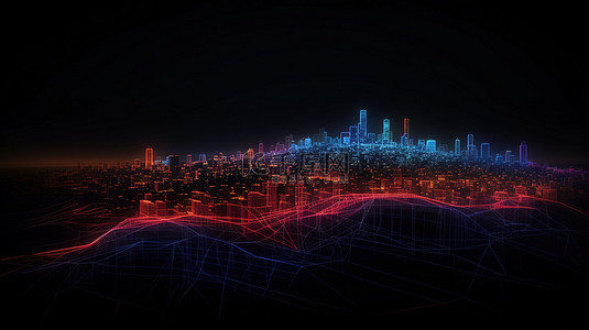 通过复杂的线框山和充满活力的蓝色和红色照明增强视觉效果的夜间城市景观