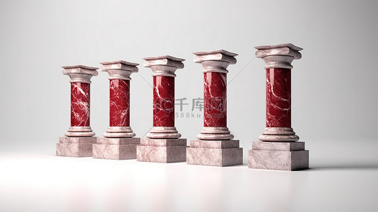 优雅的白色背景与经典红色大理石柱栏杆和柱子的 3D 渲染