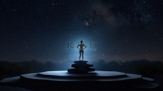 瑜伽女神在星空夜空中的踏脚石上保持平衡