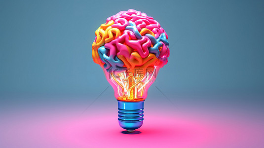激发灵感背景图片_彩色 3D 渲染大脑通过发光灯泡激发创新想法