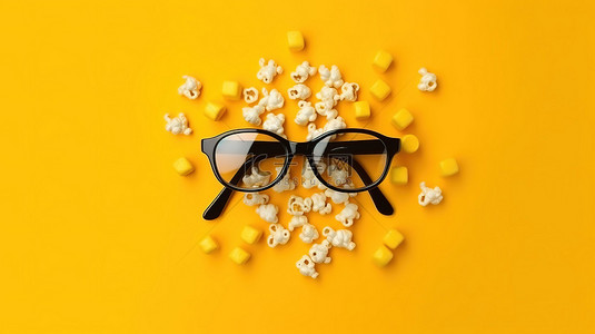 从鸟瞰图来看，黄色背景上的 3D 眼镜爆米花和电影卷轴平铺排列