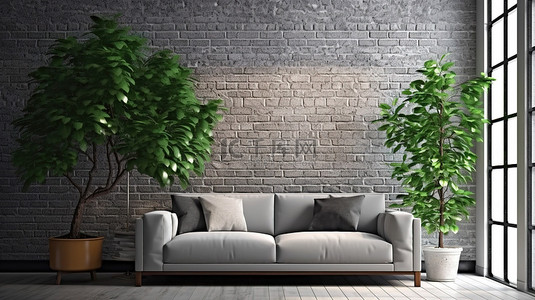 3D 渲染阁楼中灰色沙发和砖墙装饰的客厅