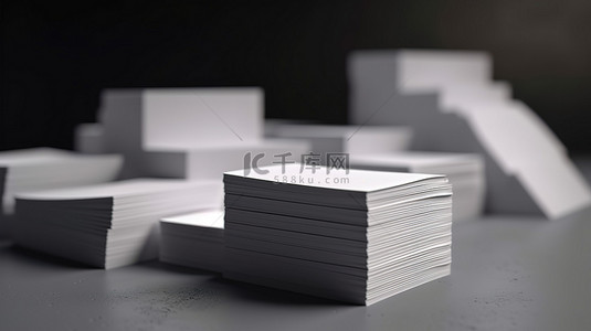 商务文具办公背景图片_灰纸背景上 3D 渲染设计中的一叠空白名片