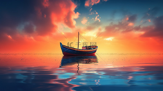 抽象日出背景背景图片_一艘船航行通过抽象日落背景的 3D 插图