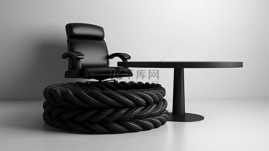 带屏障绳和黑色皮革办公椅 3D 渲染的白色背景贸易展摊位