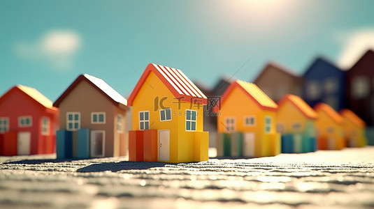 天空的城背景图片_夏日阳光照亮 3D 渲染背景中的玩具屋