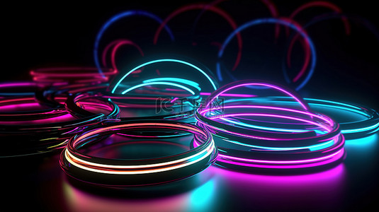 霓虹灯发光边框背景图片_3d 渲染的霓虹灯发光圆圈的抽象背景