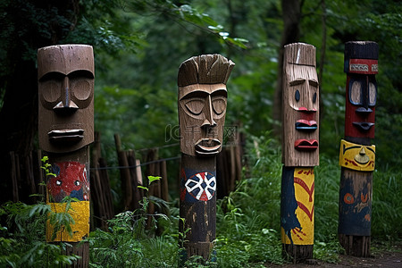野外树林中的一组木制图腾柱