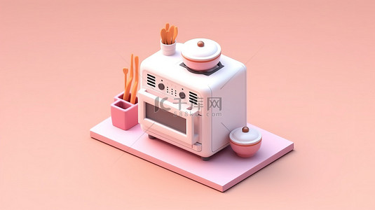 3d 图标集合等距白色烤箱和平面白色粉色家居用品