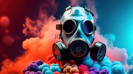 核危害背景图片_蓝色烟雾包围防毒面具和生动的 3D 球体插图