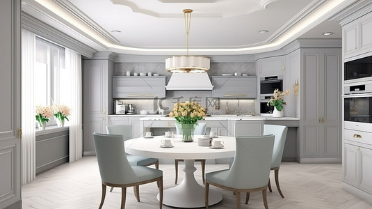 优雅的经典风格厨房餐厅，配有柔和的色调白色家具和集成电器 3D 渲染