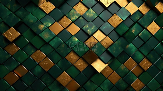 优雅的 3D 墙，深绿色和金色色调，非常适合背景背景或壁纸