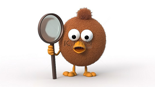 卡通鸡蛋背景图片_3d 白色背景中挥舞着棕色鸡蛋吉祥物角色的放大镜