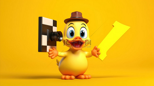 视频背景图片_黄色卡通鸭吉祥物的迷人 3D 渲染，在充满活力的背景上拿着电影拍板