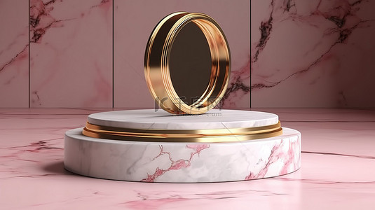 粉红大理石背景背景图片_粉红色背景上的大理石和金色讲台，带 LED 圆圈 3D 渲染